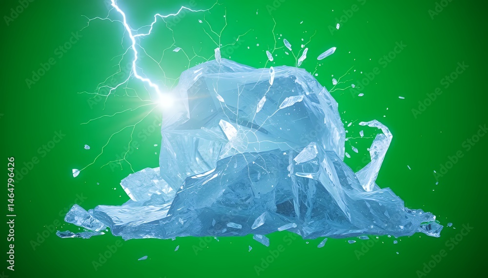 Poster polygonal ice formation shattering with lightning on green screen background isolated for vfx elemen