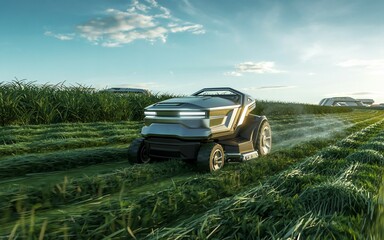 Fototapeta premium Autonomous robotic lawn mower cutting grass in a field