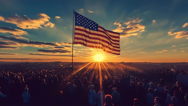 夕焼けに照らされたアメリカ国旗と群衆の風景