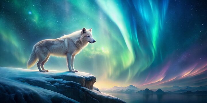 Majestic Arctic Wolf Silhouetted Against a Vibrant Aurora Borealis Display Over a Frozen Landscape