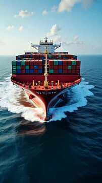Large commercial container ship in the ocean with a large bow wave on a clear blue sky day vertical video