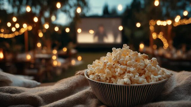 Steaming bowl of popcorn sits ready for cozy movie night, bathed in soft glow of twinkling lights of big cinema screen on open air. Simple joy of snacking during holiday gatherings with outdoor cinema