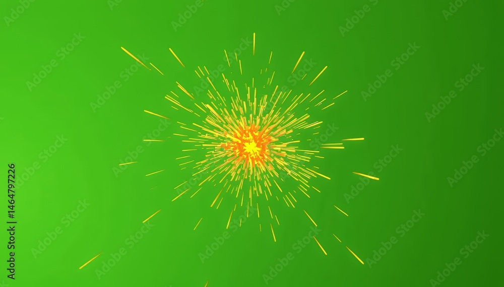 Poster radiant explosion of orange and yellow particles on a green screen background in top down angle for 