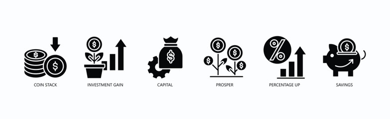 Coin Stack Icon Set Isolated Vector With Icon Of Capital, Prosper, Percentage Up, Savings, Percentage Up, Savings In Glyph Style