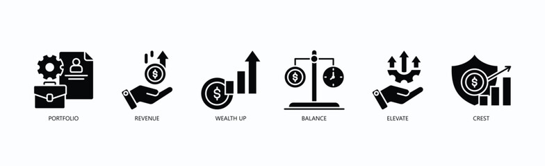 Growth And Success Icon Set Isolated Vector With Icon Of Portfolio, Revenue, Wealth Up, Balance, Elevate, Crest In Glyph Style