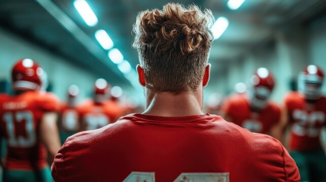 A dedicated football player in a locker room, showcasing determination and focus while preparing for a game, surrounded by teammates clad in vibrant uniforms.
