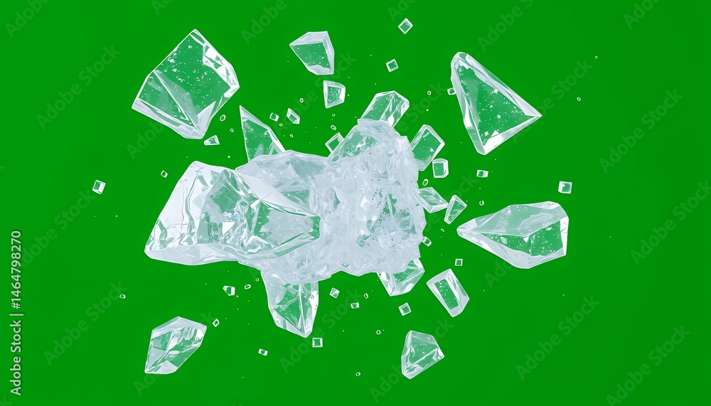 Poster sharp ice fragments exploding on green screen backdrop for visual effects shiny transparent ice shar
