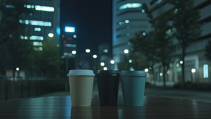 Night city cafe scene, 3 cups