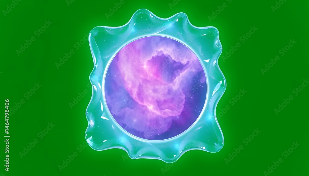 Poster shimmering turquoise frame enclosing nebula isolated on green screen background for visual effects