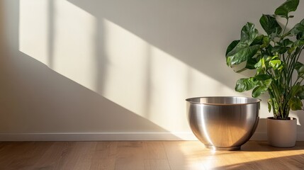 Obraz premium A serene indoor scene featuring a potted plant with soft shadows creating a minimalist aesthetic, promoting tranquility, simplicity, and a deep connection to nature.
