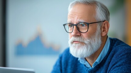 Elderly Man in Glasses Deep in Thought While Working on Laptop in Modern Office Environment