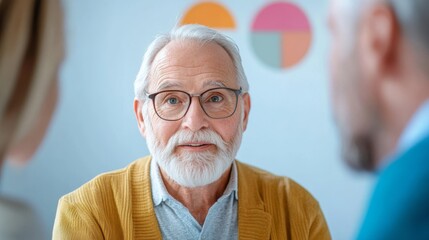 Elderly Man Consulting with a Couple in a Bright Modern Office Setting