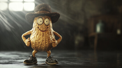 A cartoon peanut wearing a hat and shoes, standing confidently with thumbs up, in a dimly lit room with sunlight streaming in