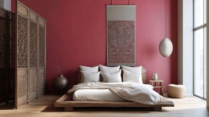 eastern vintage modern bedroom full view, warm carmine wall, carved wood divider beside bed, low linen platform, hanging textile panel above head