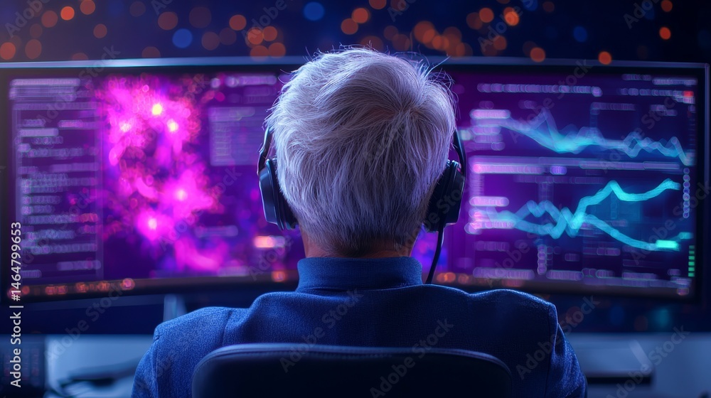 Poster seismologist analyzing data on multiple monitors in dark room with vibrant visuals and graphs