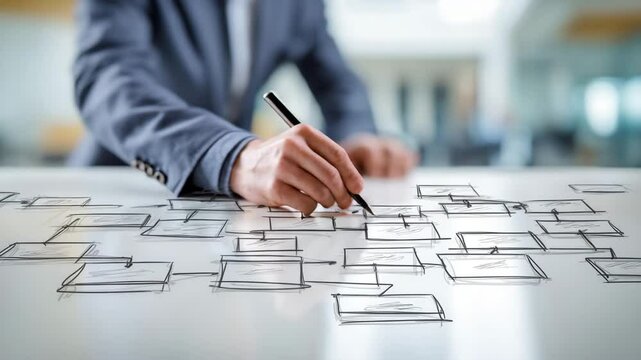 Businessman constructing flowchart on whiteboard.