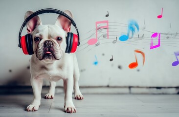 Cute French Bulldog wearing headphones and listening to music in the living room, with colorful musical notes floating around it, against a minimalistic interior design background.