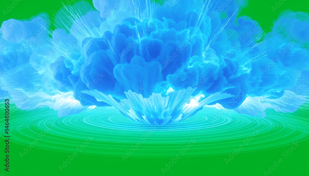 Poster top angle fantasy vapor explosion isolated on green screen background with radiating light threads a