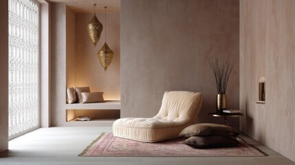 moroccan loft american classic lounge full view, sandy mocha wall, low velvet chair, patterned fabric rug, soft niche lighting, calm cozy layout