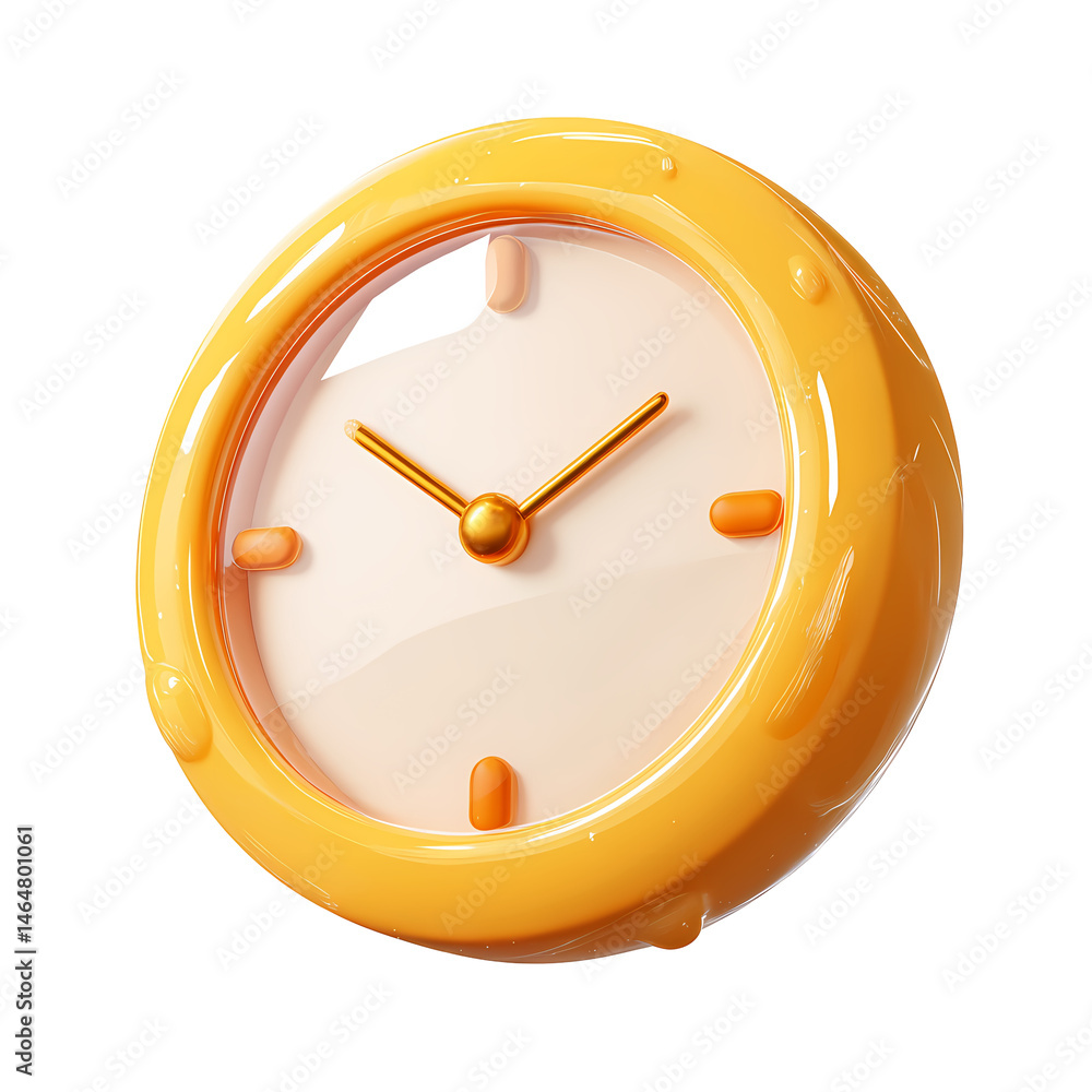 Poster 3d render of a yellow glossy clock on transparent background