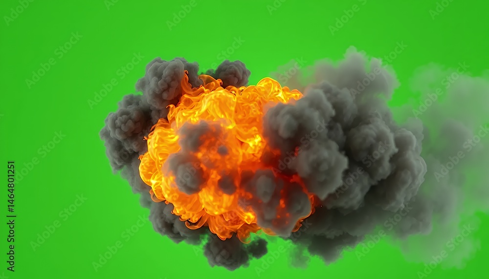 Poster top angle view of a fiery orange explosion with billowing gray smoke isolated on green screen backgr