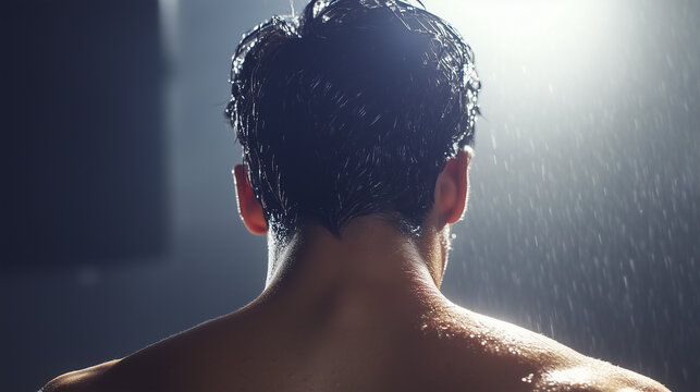A man&rsquo;s back with wet hair and water droplets, standing under a bright light with rain falling around him.