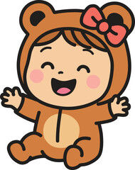 Cute cartoon baby girl vector illustration sitting wearing bear costume