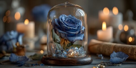 Exquisite eternal blue rose preserved under a crystal-clear glass cloche, resting on frosted wood with glowing candles, scattered petals, and mystical ambiance.  