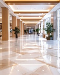 Obraz premium Elegant, bright hallway with marble floor, high ceilings, and potted plants
