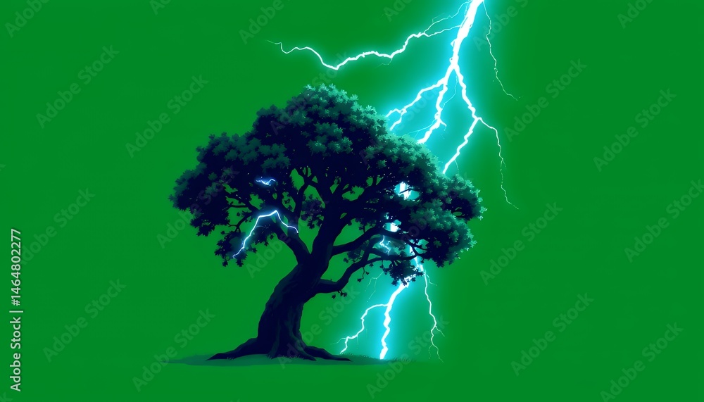 Poster tree silhouette hit by teal lightning isolated on green screen background for visual effects composi