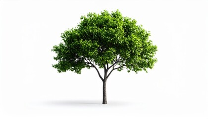 A solitary green tree stands on a white background, displaying a full canopy of leaves and a single trunk.