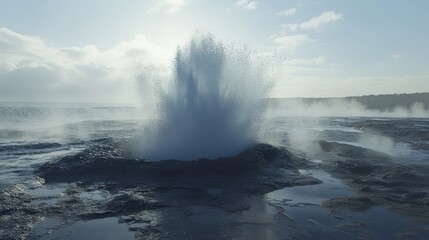 Obraz premium Powerful geyser eruption in a geothermal landscape.