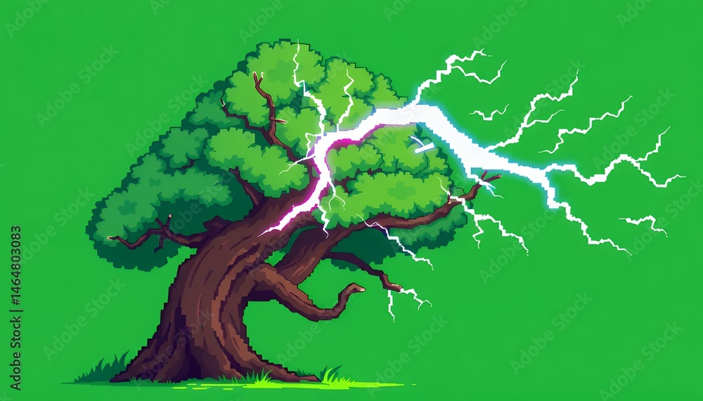 Fototapete vibrant pixel art tree struck by lightning on green screen background isolated graphic design for ga