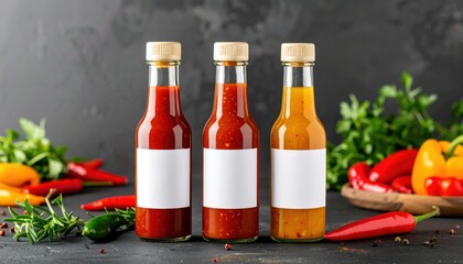 Three bottles of hot sauce with blank labels, surrounded by fresh chili peppers and herbs on a dark surface.