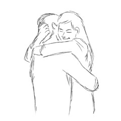 Loving couple hugging each other sketch with black lines isolated on white background.