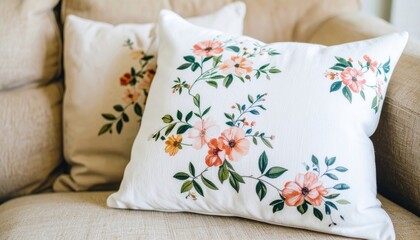 Two floral-patterned decorative pillows rest on a beige sofa, adding a cozy and stylish touch to the living space.