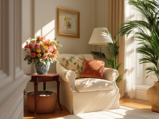 Inviting cozy corner with floral arrangement, soft armchair, and warm sunlight streaming through window
