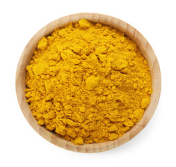 Turmeric powder in bowl isolated on white, top view. Aromatic spice