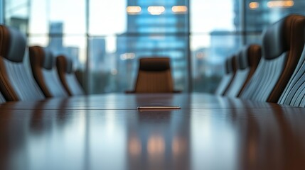 Empty modern conference room table with chairs and city view desk calm gray blue glass urban still