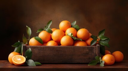 A rustic wooden crate brimming with fresh oranges, radiating warmth and abundance, perfect for emphasizing the beauty of natural produce and seasonal fruits.
