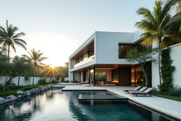 Fototapeta premium Luxurious Modern Villa with Pool and Landscaping at Sunset, Contemporary Architectural Design in a Tropical Setting. 