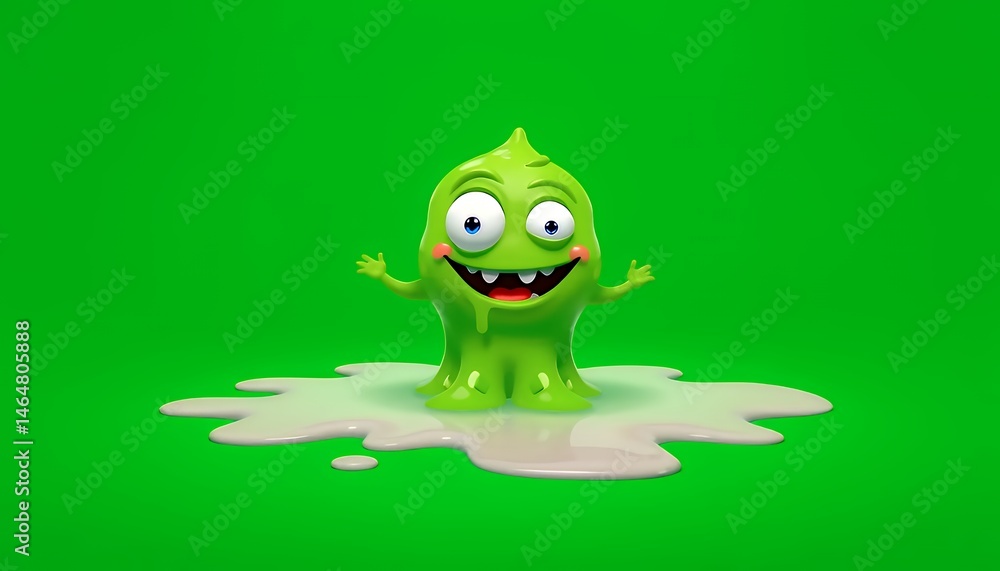 Poster cheerful green slime monster with goofy smile standing in goo against green screen background ideal 