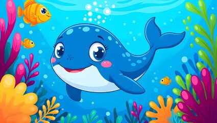 Fototapeta premium A vibrant, cartoon illustration depicting a friendly, stylized whale swimming amongst colorful coral and fish in an underwater scene.