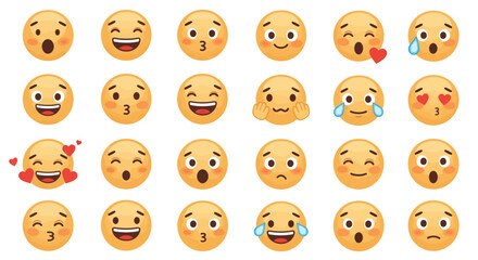 Fototapeta premium Array of Expressive Yellow Emoji Faces Displaying Various Emotions and Reactions