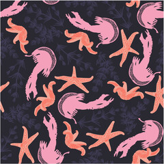 Seamless pattern with jellyfish and starfish design for decorative printing, wrapping paper, greeting cards, wallpaper and fabric. Vector background