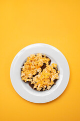 scramble eggs with black bread on dish
