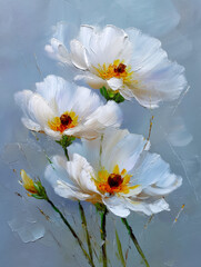Abstract oil painting White petals, flowers, daisies, painted with a palette knife
