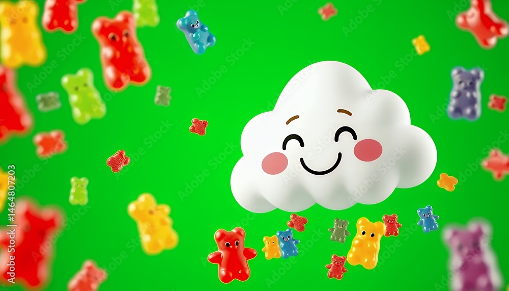 Poster gummy bears with cheerful smiling cloud floating isolated on green screen background for animation a