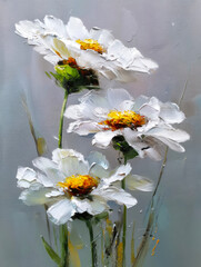 Abstract oil painting White petals, flowers, daisies, painted with a palette knife