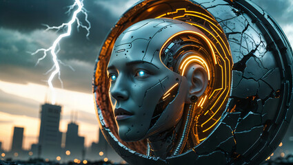 A hyper-realistic humanoid robot head emerging from a cracked metallic sphere, with glowing neon circuits, surrounded by lightning bolts in a post-apocalyptic city, cinematic lighting, dramatic sky, c